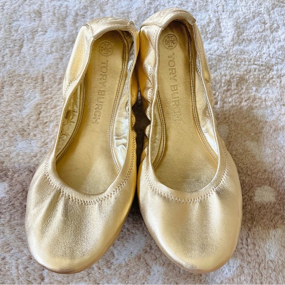 Tory Burch Eddie Ballet Flats In Metallic Gold Size 10 - Picture 3 of 14